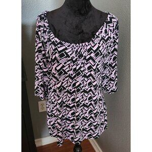 Liz & Co. Blouse Womens Size 1X Geometric Scoop Neck Bold Graphic Chic Modern